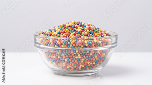 Glass bowl filled with colorful nonpareil sprinkles isolated against a clean background.