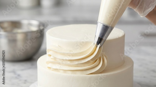 Pastry bag piping smooth vanilla frosting onto a cake in a bakery setting.
