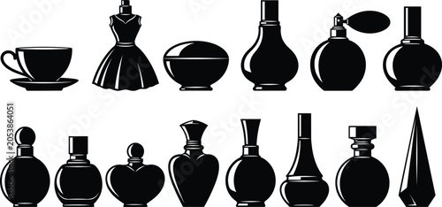 Foto Collection of perfume bottle silhouettes including dress-shaped, heart-shaped, c