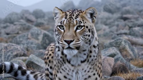 Snow leopard resting on rocky terrain wildlife portrait