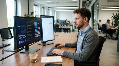 A young man sits at a wooden desk, intently focused on two computer monitors displaying a user interface design project. He is wearing a gray sweater and typing on a keyboard.