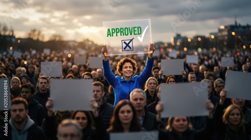 A woman holds a green sign that reads 