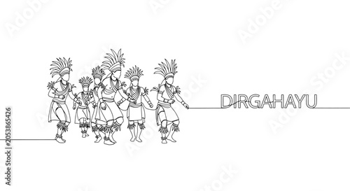 Foto Indonesian Papuan dancers in traditional costume, continuous line art of ethnic