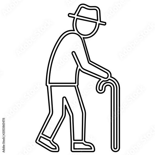 Modern vector icon illustration of a senior citizen or grandparent walking with a cane, perfect for aging society concepts, healthcare services, and elder support system graphic design assets.