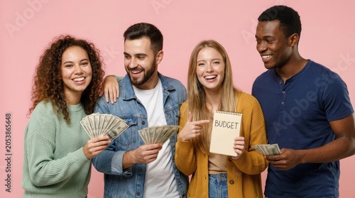 Four young adults are smiling and laughing while holding stacks of money. A woman with curly hair is showing a notepad with the word 