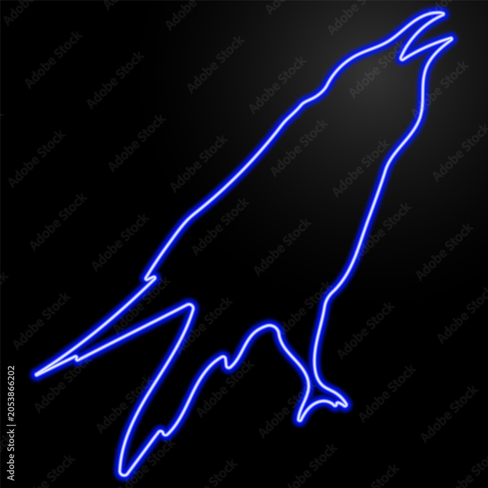 Fototapeta premium Neon illustration of crow in blue glowing outline on a black background.