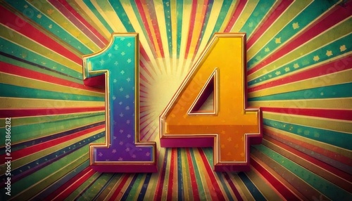 Colorful Retro Number 14 Illustration with Radial Background.