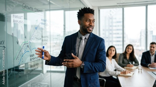A Black man is presenting a growth strategy to a group of colleagues in a modern office.