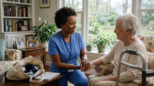 A kind caregiver sits with an elderly woman in a comfortable living room.
