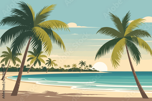 Fotografija Tropical Paradise: Two majestic palm trees frame a serene beach scene, with turquoise waves gently lapping the shore under a clear, sunny sky