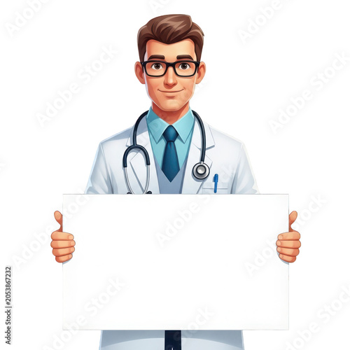 Professional male doctor holding blank white board, medical practitioner with stethoscope and empty sign, healthcare worker presenting copy space