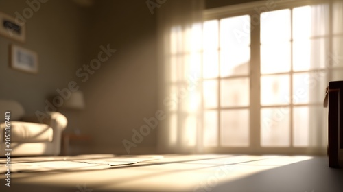 Bright sunlight streams across a softly lit room through sheer curtained windows