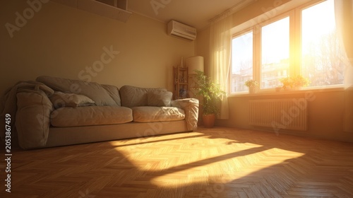 Bright morning sunlight streams across a comfortable living room illuminating hardwood flooring.