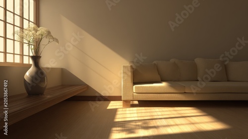Warm natural light streams across a serene room featuring a simple sofa and decorative vase.