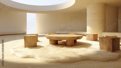 Contemporary minimalist room features natural wood furniture illuminated by bright overhead and external light sources