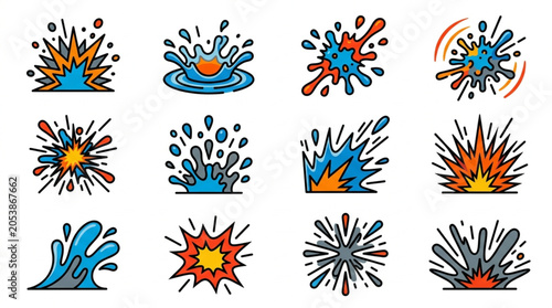 Collection of cartoon explosion and water splash icons.