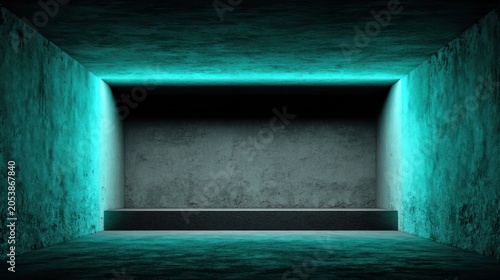 Grungy concrete chamber illuminated by vibrant cyan accent lighting creates an atmospheric backdrop