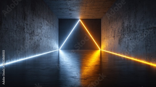 Illuminated geometric shape stretches across a dark, textured concrete tunnel with contrasting light colors