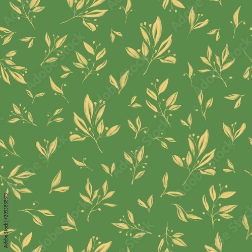 This seamless botanical pattern features elegant golden leaves and delicate berries scattered across a vibrant green background.