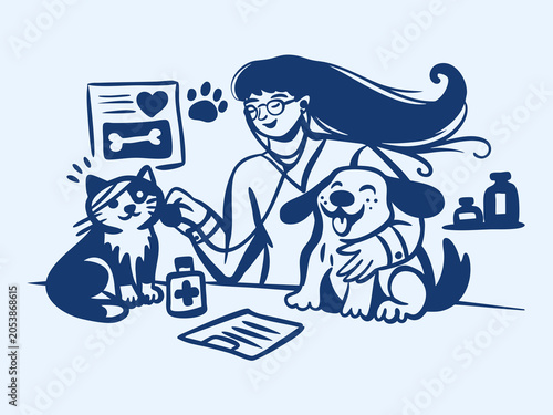 Female veterinarian provides medical care to a cat with a head bandage and cuddles a happy dog. The scene shows animal healthcare in a clinic.