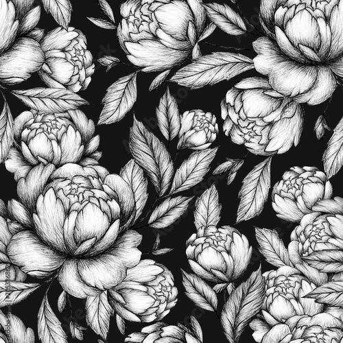 An intricate hand drawn monochrome seamless pattern featuring beautiful peony flowers and delicate leaves. Perfect for fabric, wallpaper, or textile designs.