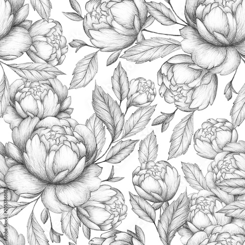 Detailed hand drawn pencil drawing of blooming peonies and delicate leaves creating a vintage floral seamless pattern. Perfect for textiles, wallpaper, or branding.