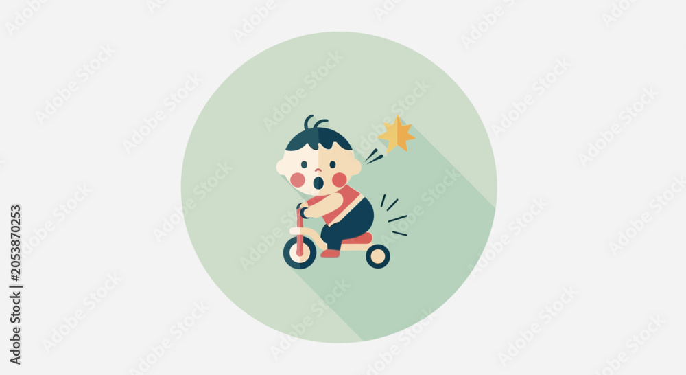 Fototapeta premium Cute cartoon boy riding a scooter with excitement.