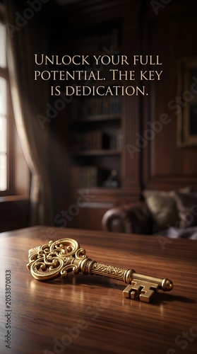 Golden key on a wooden table with inspirational quote about dedication