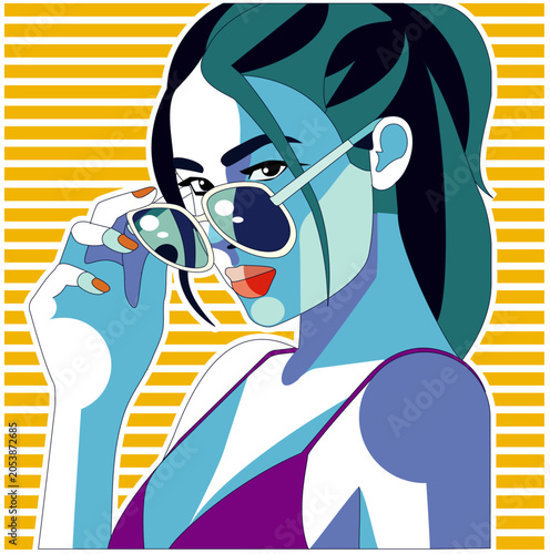 Fotografie Pop art woman portrait with sunglasses vector illustration, retro modern flat de