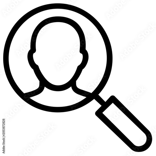 Professional vector illustration of a user head combined with a magnifying glass symbol for recruitment, HR search, profile discovery, and identifying specific candidates in a database system.