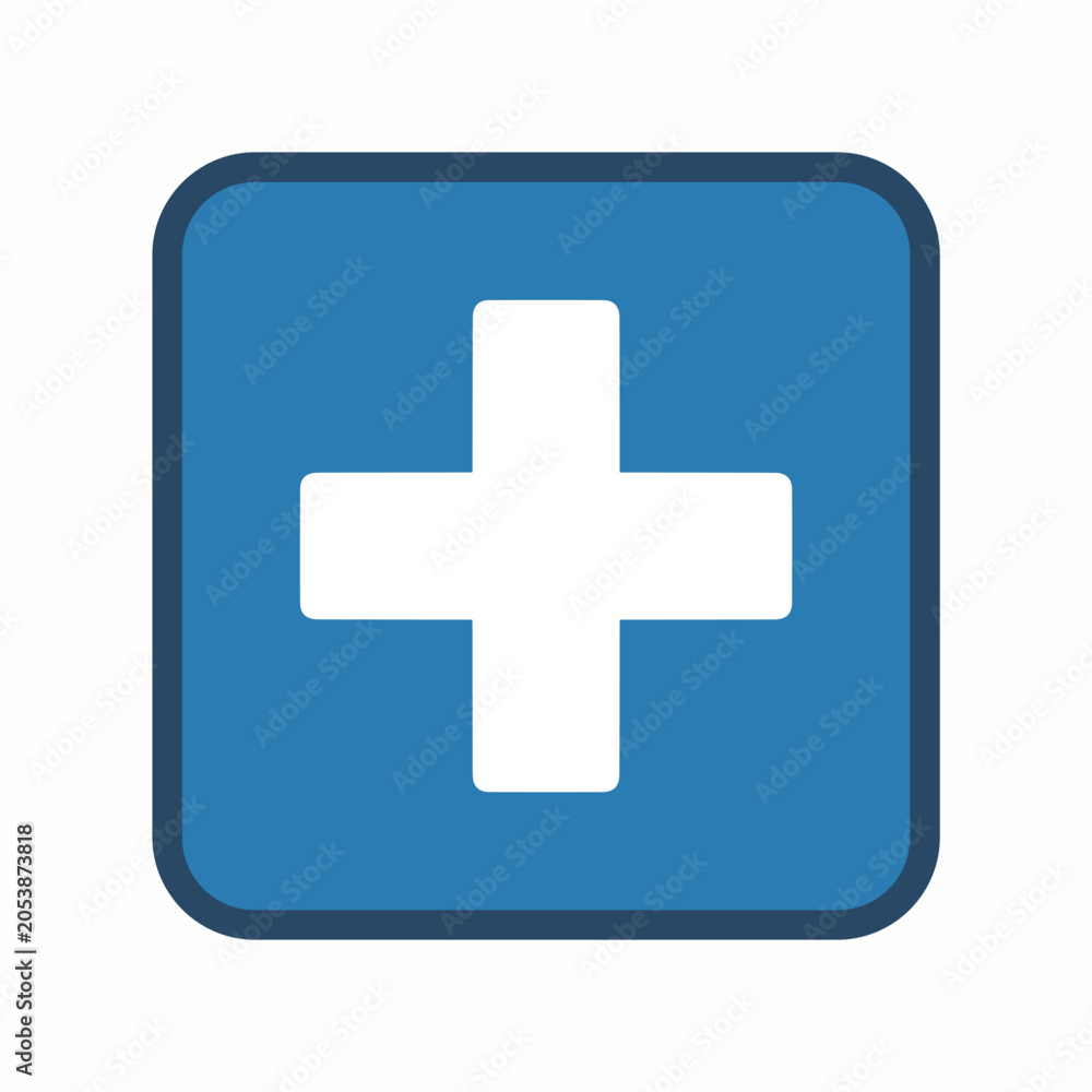 Fototapeta premium Blue Square Icon with White Plus Sign, Simple Medical or Add Symbol