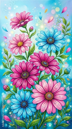 Vibrant pink and blue flowers with dew drops on petals and green leaves