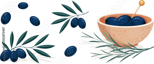 Fotografía Black Olive Vector Collection with Olive Branches, Olive Bowl and Rosemary Sprig