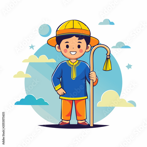 Cartoon Boy Shepherd with Crook and Hat