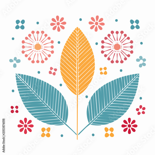 Folk Art Inspired Floral Pattern with Leaves and Flowers