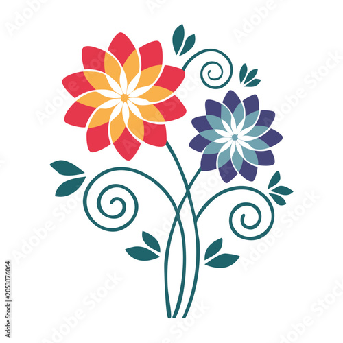 Two colorful flowers with swirls and leaves