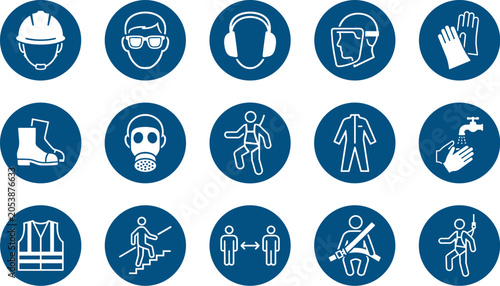 Essential Blue Mandatory Safety Signs for Personal Protective Equipment and Workplace Health Regulations Vector Collection.