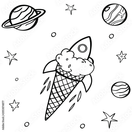 Slika na platnu Rocket Ice Cream Cone in Space Illustration coloring page for kids
