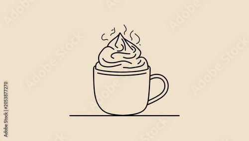 Simple line art drawing of a hot coffee mug with whipped cream topping on a soft beige background