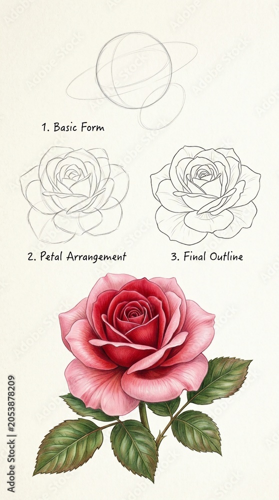 Fototapeta premium Step by step drawing of a pink rose with green leaves