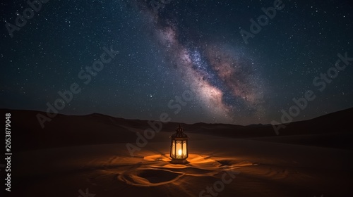 A glowing antique lantern sitting on the sand of a dark desert under a beautiful starry night sky with the milky way