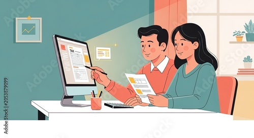 Happy couple reviewing tax documents on computer in home office