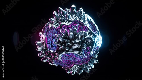 Abstract Metallic Sphere with Glowing Core Rotating in Darkness
