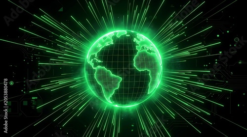 Digital earth globe with green data streams and futuristic cybernetic network connectivity, internet
