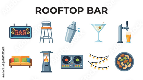 Fotografie Collection of Rooftop Bar Icons and Elements.