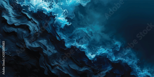 Blue abstract sky and water with clouds, smoke and fog, stormy night sea backdrop with motion, light and dark textures in blue and white tones