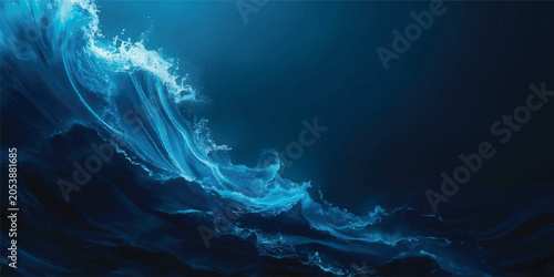 Fotografie Abstract deep blue ocean with jellyfish floating in underwater sea waves and lig