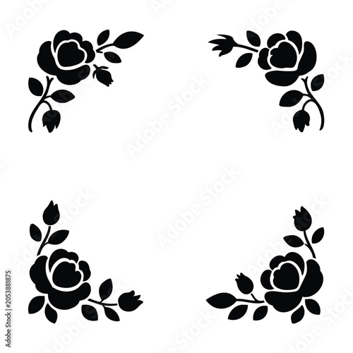 Cute Black Rose Silhouette Corner Frame for Cards and Scrapbook Design