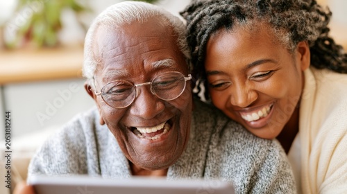 Elderly man and woman share a joyful moment while using a tablet, likely engaging in a video call. Perfect for family connection, caregiving, and digital communication in healthcare and senior living