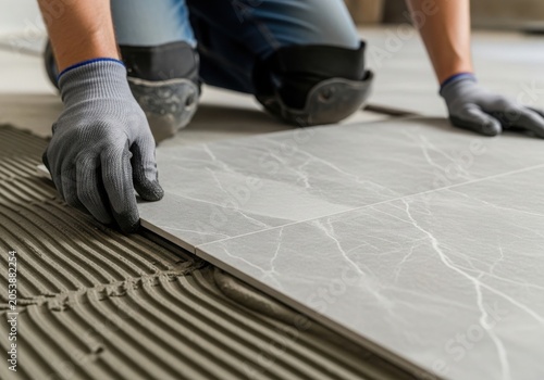 Tiler installing marble effect ceramic floor tiles on adhesive base